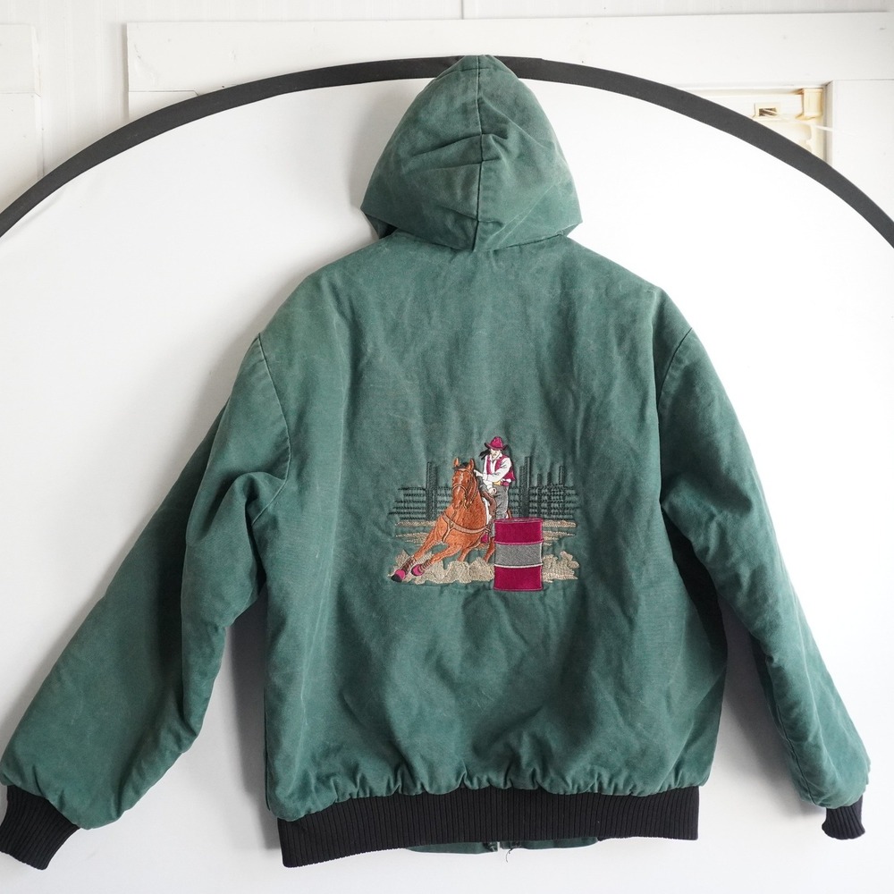 VTG Polar King Green Canvas Barrel‎ Racing Hood Work Jacket 44 USA Western Horse